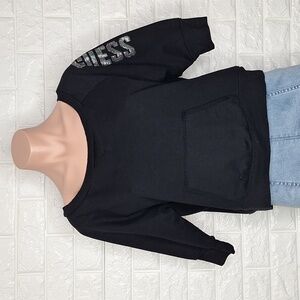 GUESS Black Wide Neckline Half Sleeve Sweatshirt with Front Pocket